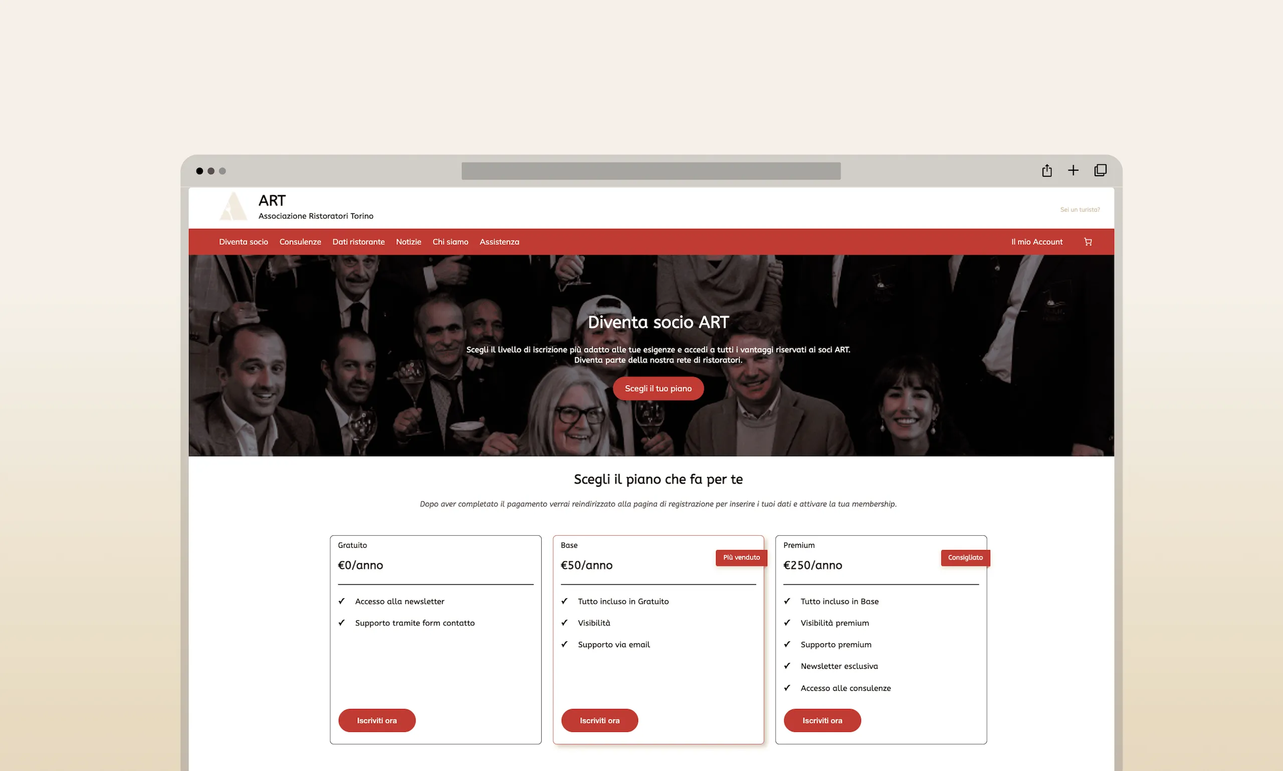 Membership page after