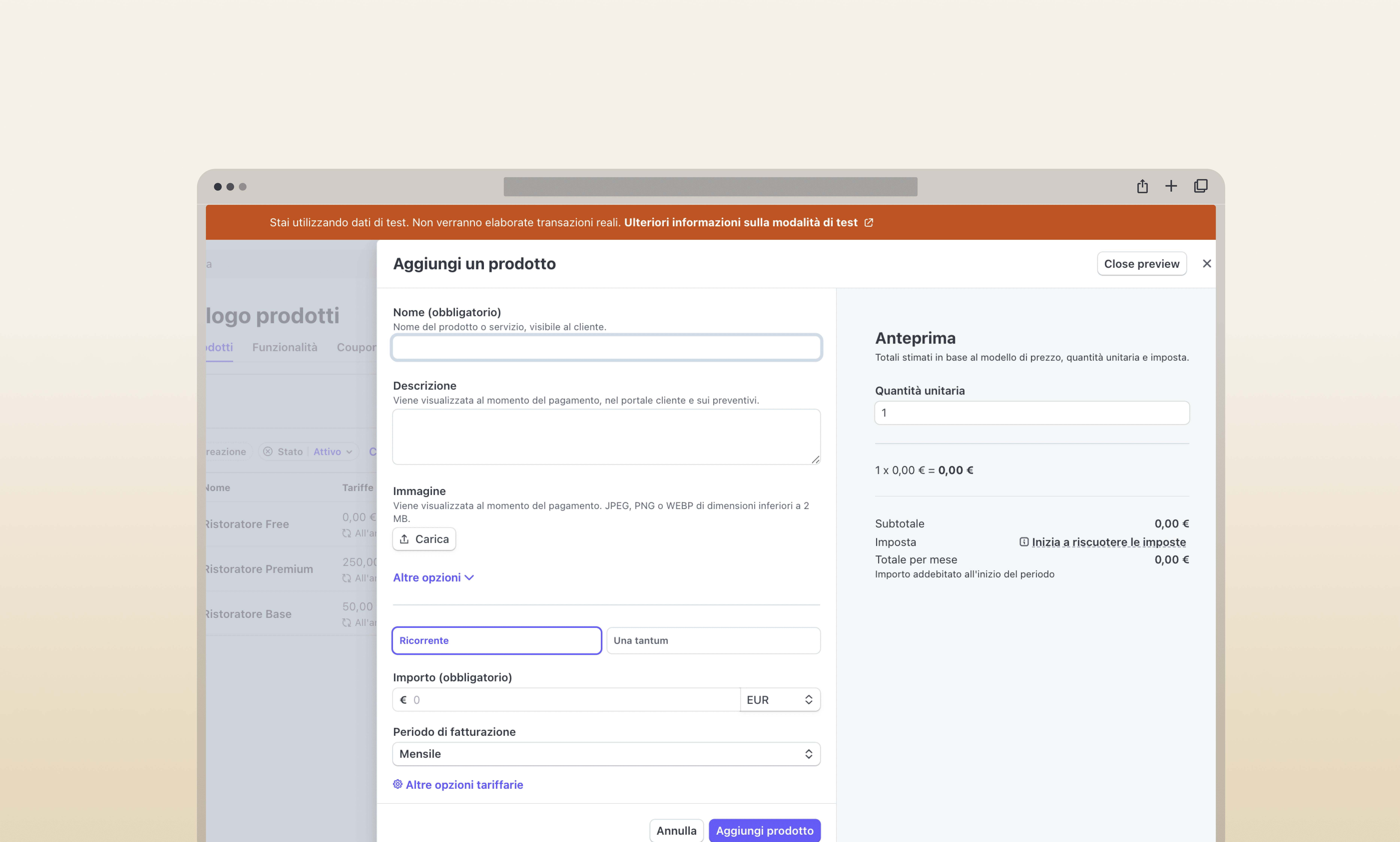 Stripe dashboard in test mode showing the membership products