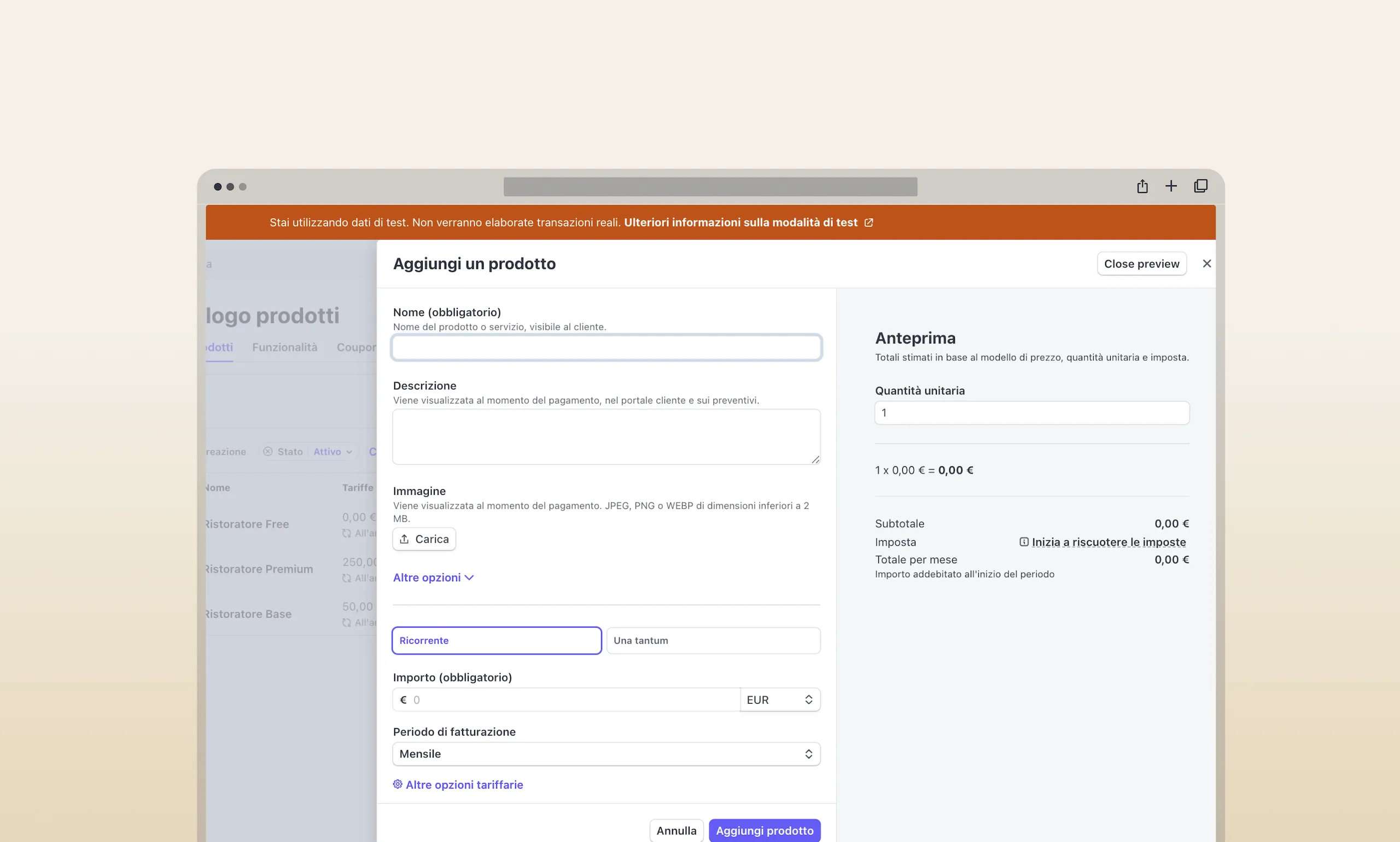Stripe dashboard in test mode showing the membership products